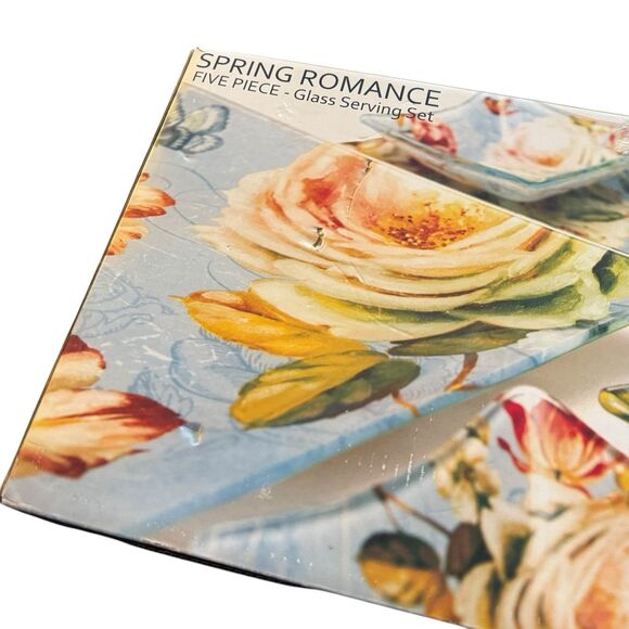 NEW Spring Romance 5-Piece Glass Serving Set Blue Floral Platters Bowls - Picture 5 of 11
